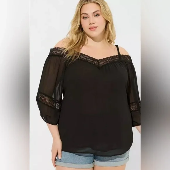 Torrid Elegant Women's Chiffon Black Off-Shoulder 3/4 Sleeve Lace Top Blouse, NW - Picture 9 of 13